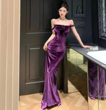 Niulatu Velvet Long Sheath Prom Dress Purple Off Shoulder Slit Party Evening Gown HZ1007