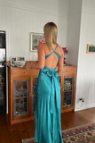 Niulatu V Neck Backless Long Prom Dress Green Evening Gown HZ1007