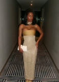 Niulatu Mermaid Strapless Long Yellow Sequin Satin Party Dresses Prom Dresses SD2042