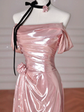 Niulatu Pink Off The Shoulder Satin Mermaid Long Prom Dress Evening Dress HZ1007