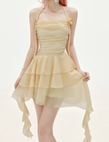 Niulatu A Line Halter Layered Yellow Chiffon Open Back Short Homecoming Dress Cocktail Dress HZ0113