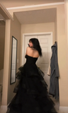 Niulatu A Line Sweetheart Neck Black Tiered Tulle Long Prom Dress Evening Dress HZ0113