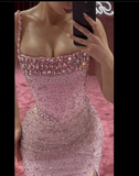 Niulatu Pink Mermaid Beaded Evening Gown Spaghetti Straps Slit Long Prom Party Dress HZ1007
