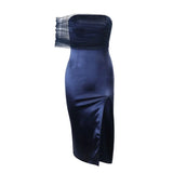 Niulatu Sheath Off The Shoulder Tulle Navy Blue Slit Prom Dresses Evening Dress HZ1110