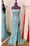 Light Blue Sequins Mermaid Side Slit Long Prom HZ0308