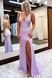 Niulatu Mermaid V-neck Long Prom Dresses With Slit, Evening HZ1007