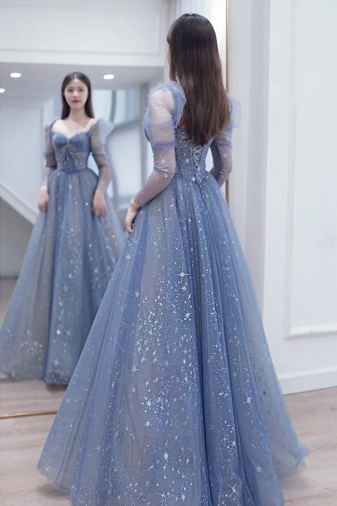 Long Sleeves Blue Beaded Tulle Long Prom HZ0308