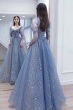 Long Sleeves Blue Beaded Tulle Long Prom HZ0308