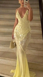 Niulatu V Neck Mermaid Evening Dress Yellow Chiffon Sequins Prom Dress HZ1007