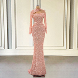 Niulatu Sequin Pink Mermaid Long Prom Dresses For Graduation Party Luxury Full Sleeves Women Formal Evening Gowns HZ1007