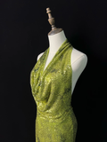 Niulatu Green Halter Sequins Backless Prom Dress Long Mermaid Evening Dress HZ1007