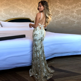 Niulatu Mermaid Gold Sequin Tulle Long Backless Prom Dress Evening Dress HZ0113