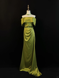 Niulatu Olive Green Satin Off The Shoulder Slit Prom Dress Slit Mermaid Evening Dress HZ1007