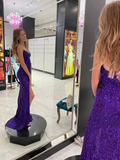Niulatu V Neck Open Back Long Prom Dresses with Slit Sequins Formal Graduation Evening Gowns HZ1007