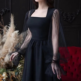 Niulatu A-Line Long Sleeves Evening Dress Black Simple Square Collar Party Gowns For Women HZ1007