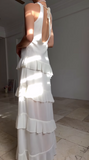 Niulatu White V Neck Chiffon Ruffle Prom Dress Backless Long Evening Dress HZ1007