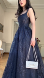 Niulatu Blue A Line Lace Appliques Prom Dress Elegant Evening Gown HZ1007