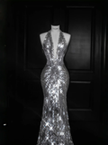 Niulatu Silver Deep V Halter Sequins Beaded Backless Evening Dress Mermaid Prom Dress HZ1007