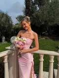 Niulatu Strapless Pleated Slit Prom Dress Sheath Long Party Evening Gown HZ1007