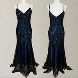 Niulatu Mermaid Spaghetti Straps Beaded Navy Blue Satin Long Prom Dress HZ0113
