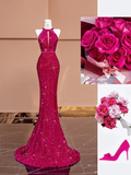 Niulatu Pink Mermaid Halter Sequin Open Back Long Prom Dress Party Dress HZ0113