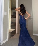 Niulatu Blue Sequins Mermaid Prom Dress Straps Slit Evening Dress HZ1007