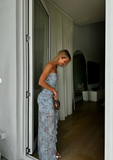 Niulatu Chiffon Print Floral Long Prom Dress Strapless Slit Party Evening Dress HZ1007