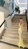 Niulatu V Neck Mermaid Evening Dress Yellow Chiffon Sequins Prom Dress HZ1007