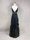 Niulatu Black Tulle Gold Silk Feathers A Line Prom Dress Formal Evening Dress HZ1007