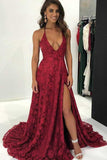 Niulatu Burgundy Deep Lace Sweep Train Backless Long Prom HZ1007