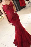 Niulatu Straps Burgundy Spaghetti Straps Mermaid Long Lace Prom HZ1007