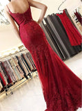 Niulatu Straps Burgundy Spaghetti Straps Mermaid Long Lace Prom HZ1007