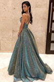 Niulatu Sparkly Satin Long Prom Dresses with Pockets,Cross Back Evening HZ1007