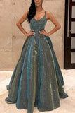 Niulatu Sparkly Satin Long Prom Dresses with Pockets,Cross Back Evening HZ1007