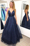 Niulatu Ball Gown V-neck Open Back Spaghetti Straps Navy Prom Dresses, Elegant Evening HZ1007