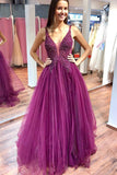 Niulatu V-neck Fuchsia Tulle & Lace Long Prom Dresses with Beaded, Elegant Evening HZ1007