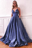 Niulatu A-line Deep V-neck Spaghetti Straps Sweep Train Prom Dress with HZ1007