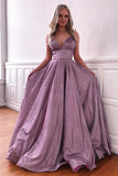 Niulatu A-line Deep V-neck Spaghetti Straps Sweep Train Prom Dress with HZ1007