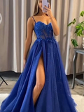Niulatu Spaghetti Straps Dark Blue Long Evening Dress with Slit HZ1007