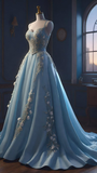 Niulatu Spaghetti Straps Satin Appliques Prom Dress Blue A Line Long Evening Dress HZ1007
