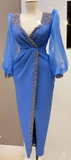 Niulatu Style Blue Lantern Sleeves Prom Dress Classy Blue Evening Dress HZ1007