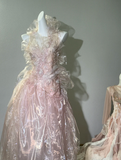 Niulatu Pink Tulle Beaded Prom Dress Long Backless Evening Dress HZ1007