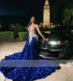 Niulatu Blue Sequins Mermaid Evening Dress With Sheer Neck Plus Size Formal Evening Occasion Gowns HZ1007
