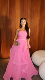 Niulatu Pink Strapless Tulle Layered Evening Dress A Line Prom Party Gown HZ1007