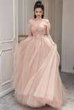 Niulatu Tulle Long Prom Dress Pink Evening Dress HZ1007