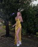 Niulatu Mermaid Silk Satin Evening Dress Long Yellow Prom Dress HZ1007