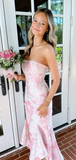 Niulatu Pink Satin Print Floral Evening Dress Mermaid Prom Dress HZ1007