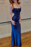 Niulatu Straps Sequins Appliques Prom Dress Blue Satin Mermaid Evening Dress HZ1007