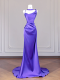 Niulatu Purple Mermaid Spaghetti Strap Satin Long Prom Dress Party Dress HZ0113