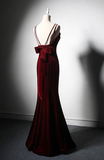 Niulatu Burgundy Spaghetti Straps Velvet Mermaid Prom Dress Evening Dress HZ0113